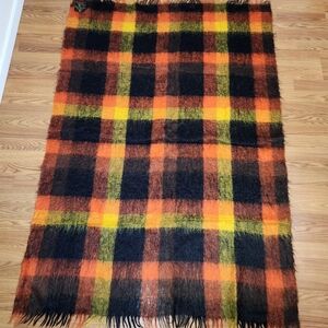 Vintage Lan-Air-Cel Mohair Wool Blanket Plaid Orange Brown Yellow Throw Scotland